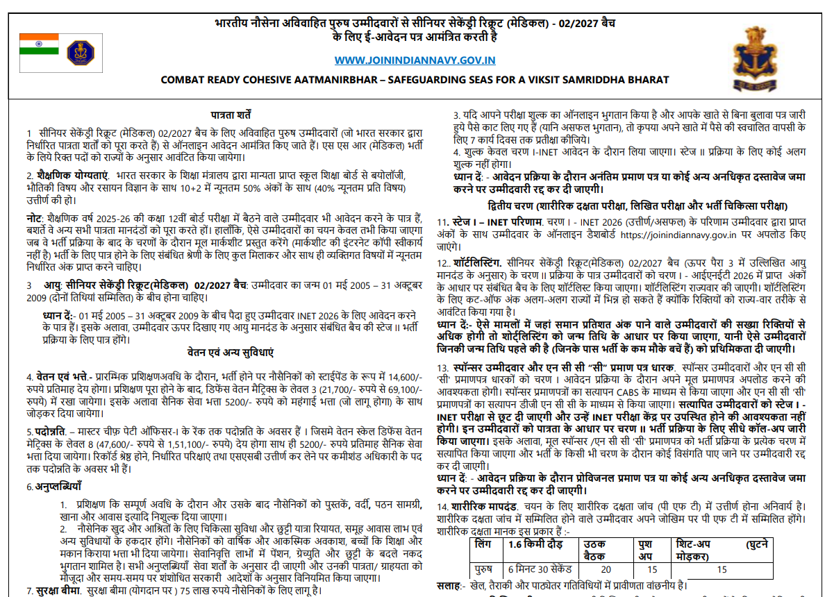 Indian Navy SSR Medical Assistant Recruitment