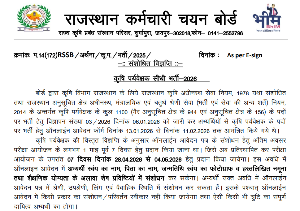 Rajasthan Agriculture Supervisor Form Correction 2026